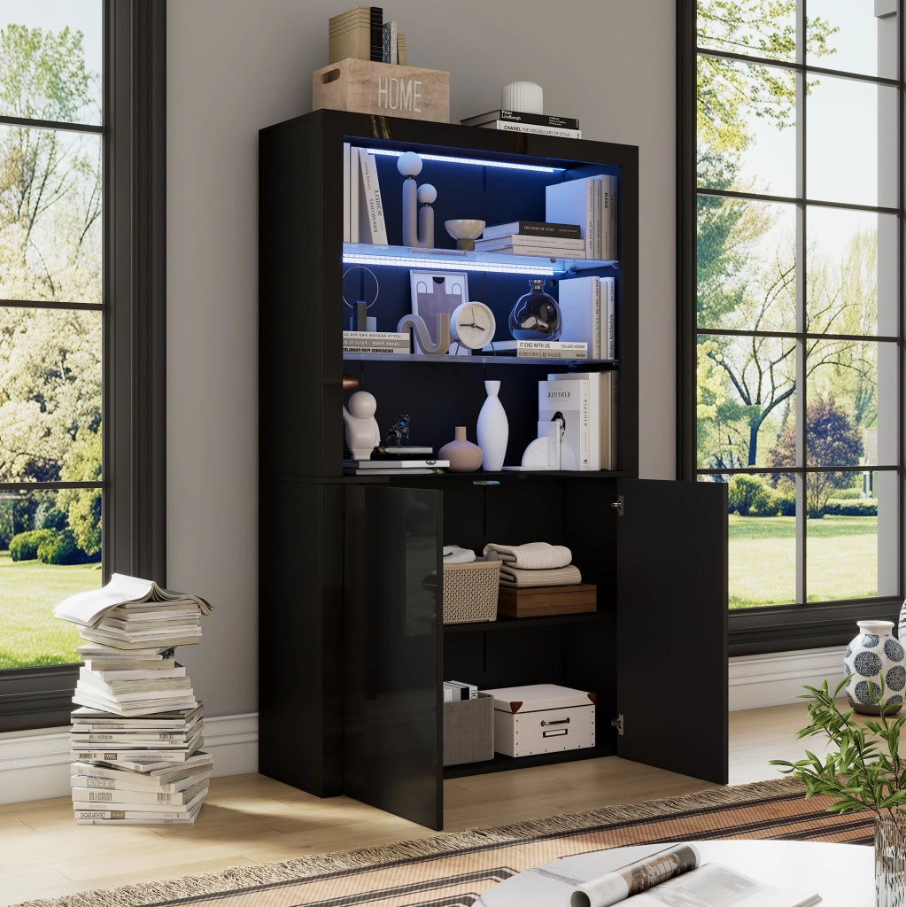 Vetrina 100x35x170 cm con LED e 2 ante in MDF; vetro e truciolare nera