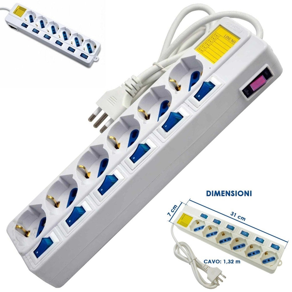 Trade Shop - Multipresa 6 Posti Schuko Bipass 10-16a Con 7 Interruttori Protezione Bambini -