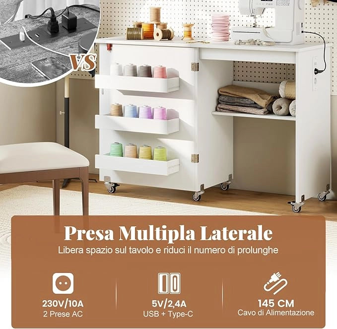 Mobile per Macchina da Cucire Pieghevole, Tavolo da Cucito con Stazione di Ricarica, Ruote Bloccabili, Ripiano e Contenitori (Bianco, 116 x 41 x 78 cm)