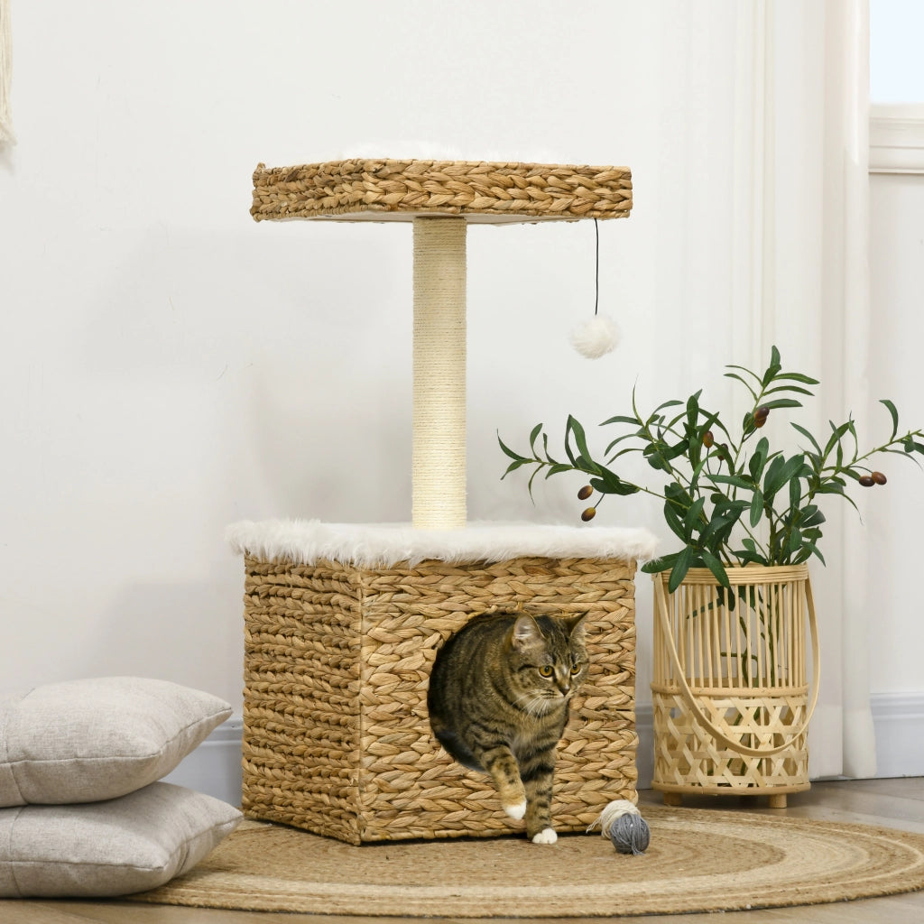 Tiragraffi per gatti 2 livelli con nicchia, palo sisal, piattaforma e pompon ¨C zephmum ¨C naturale