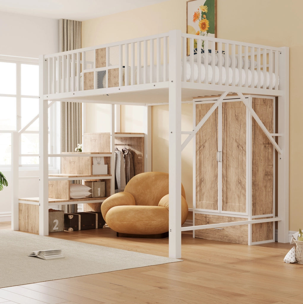 Letto a soppalco 140x200 cm con armadio, cassetto e scala contenitore