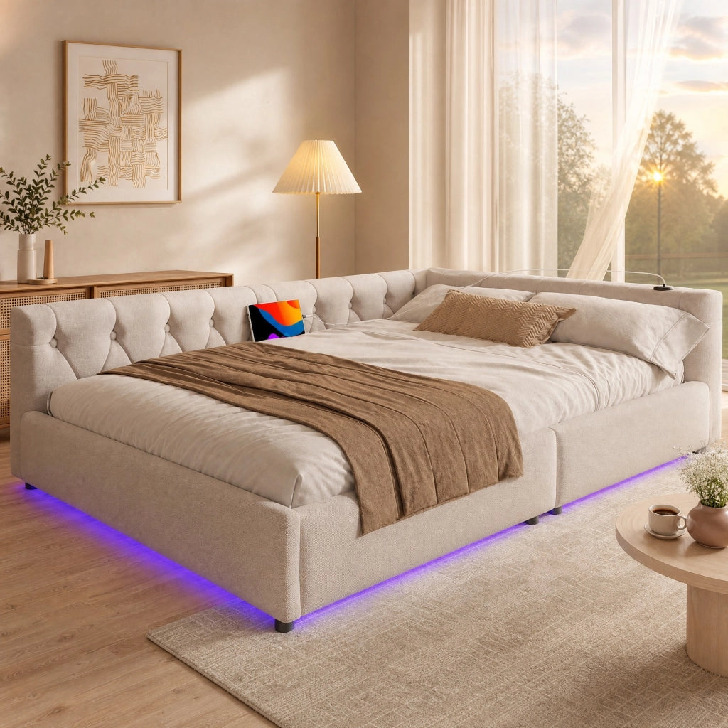 LETTO Daybed 140x200 cm in lino beige con USB Type-C e LED