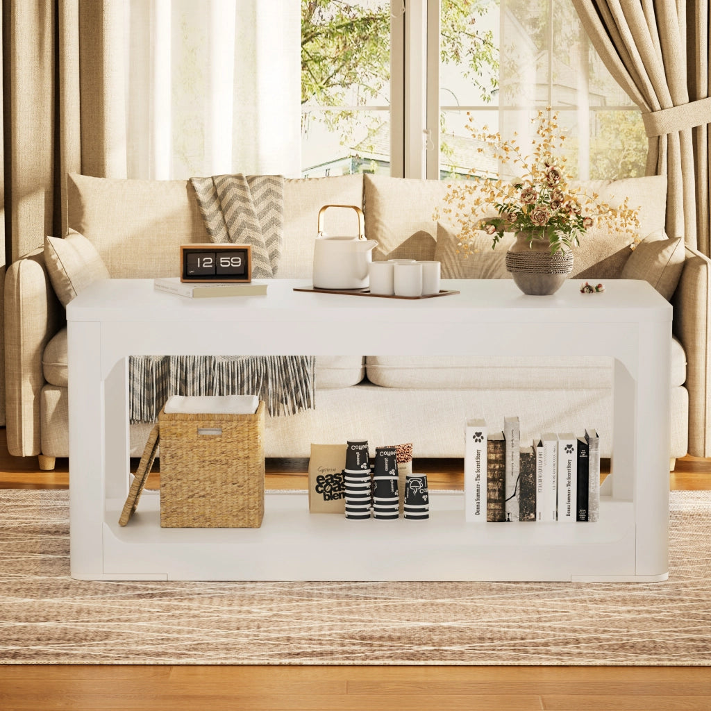Tavolino da caffè moderno bianco con doppio ripiano, 100x50x44,5 cm, in MDF