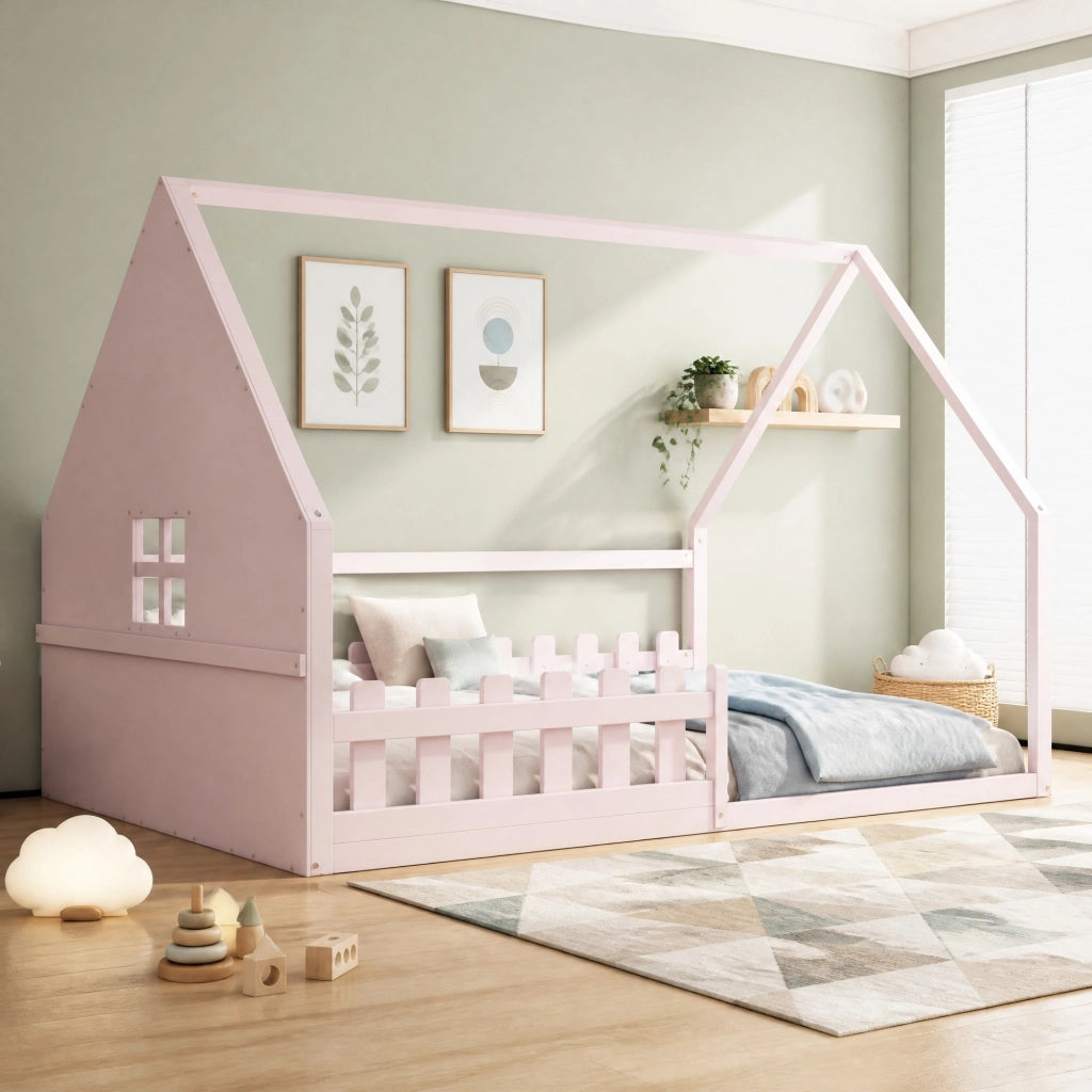 Letto per bambini a casetta 140x200 cm con spondine, in pino e MDF, rosa