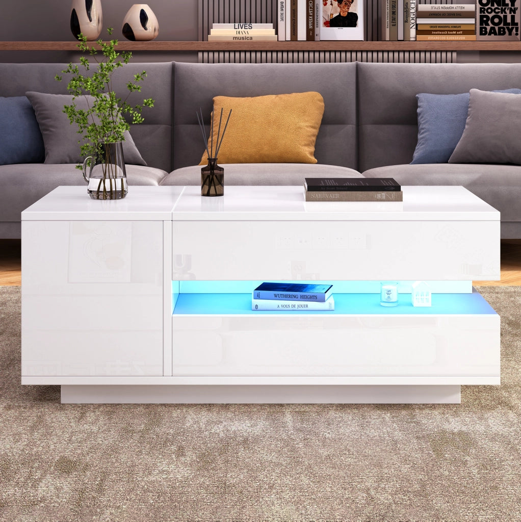 Tavolino da salotto alzabile con LED; cassetto e vano contenitore 90x50x34;5 cm in truciolare bianco