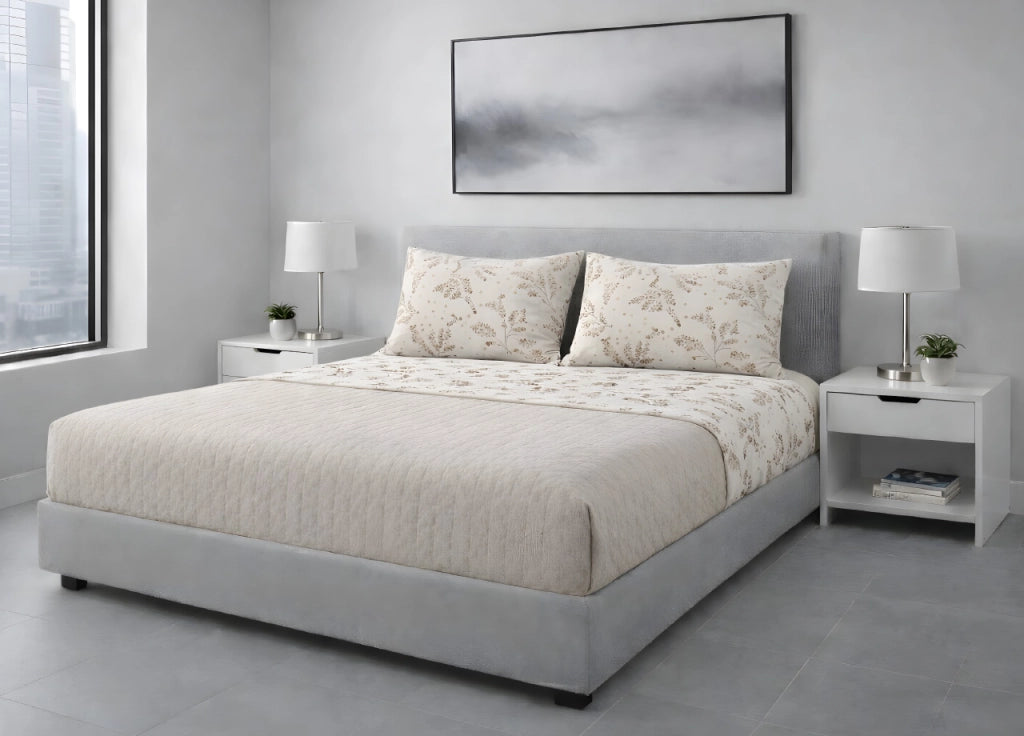 Completo Lenzuola Letto 100% Cotone Made In Italy Disegno Sambuco - Piazza e Mezza - Nocciola
