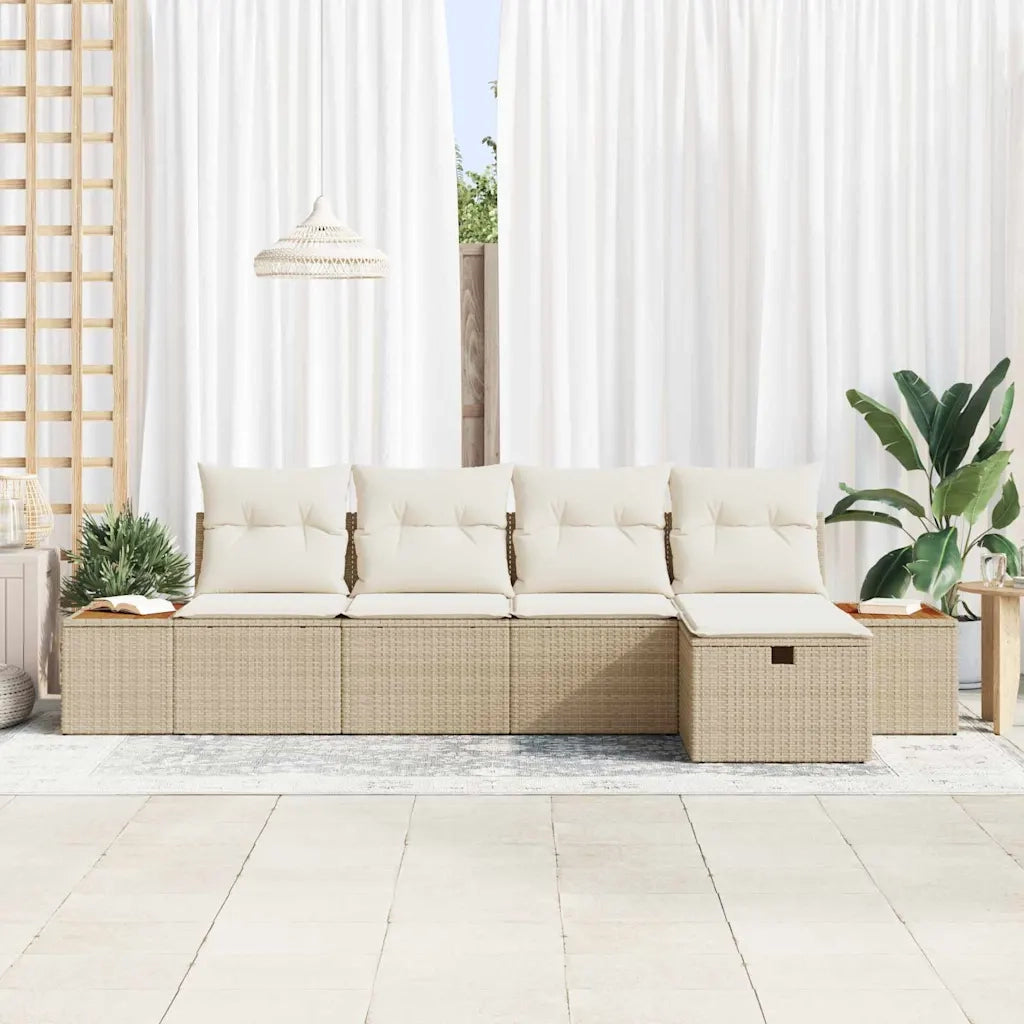 Set Divano da Giardino con cuscino 5 pcs Beige Poly Rattan