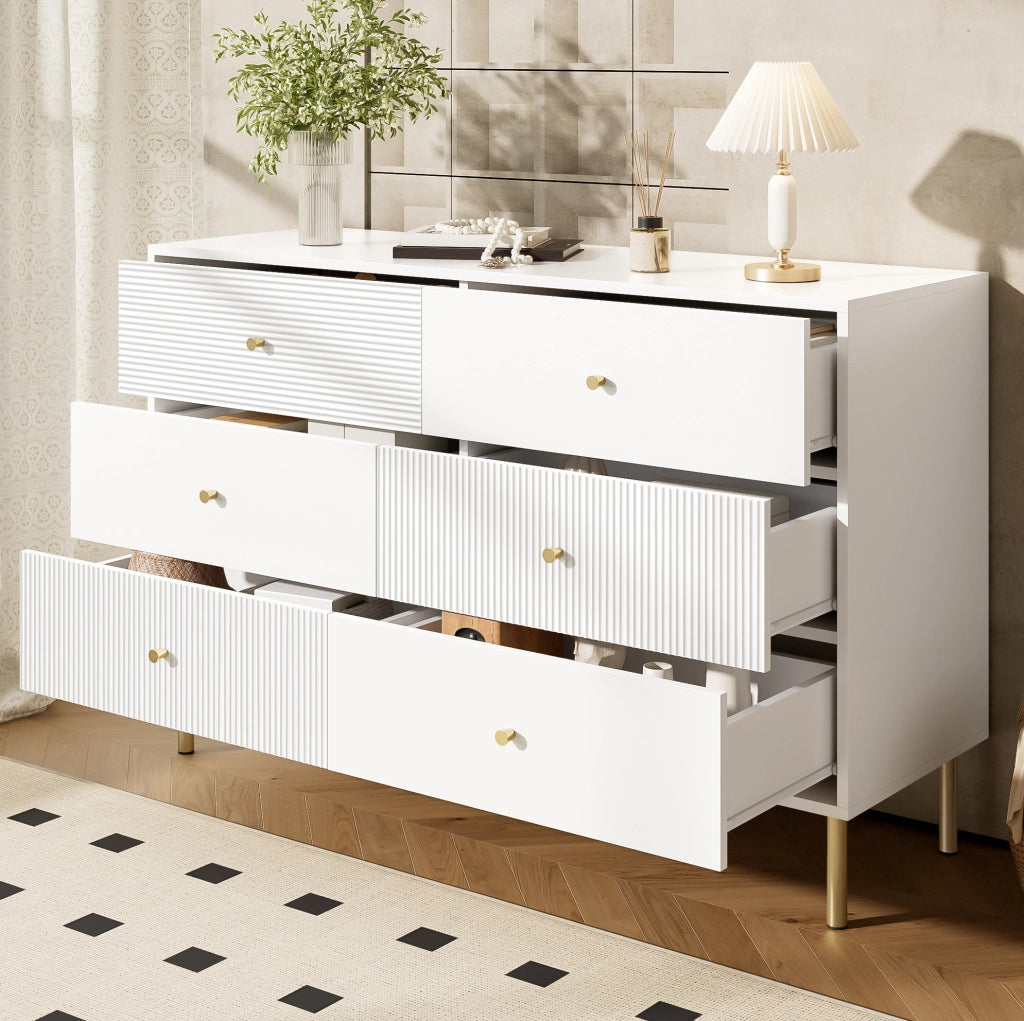 Cassettiera moderna a 6 cassetti 120x40x78 cm in MDF bianco con maniglie in lega di zinco