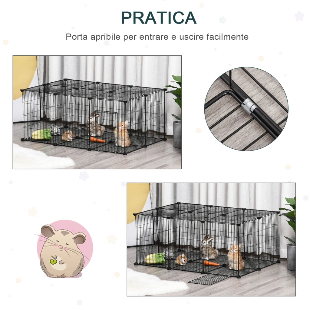 Gabbia per Conigli e Piccoli Animali ¨C Xylo ¨C 22 Pannelli Modulabili in Metallo con Porta, Nero, 105x70x45cm