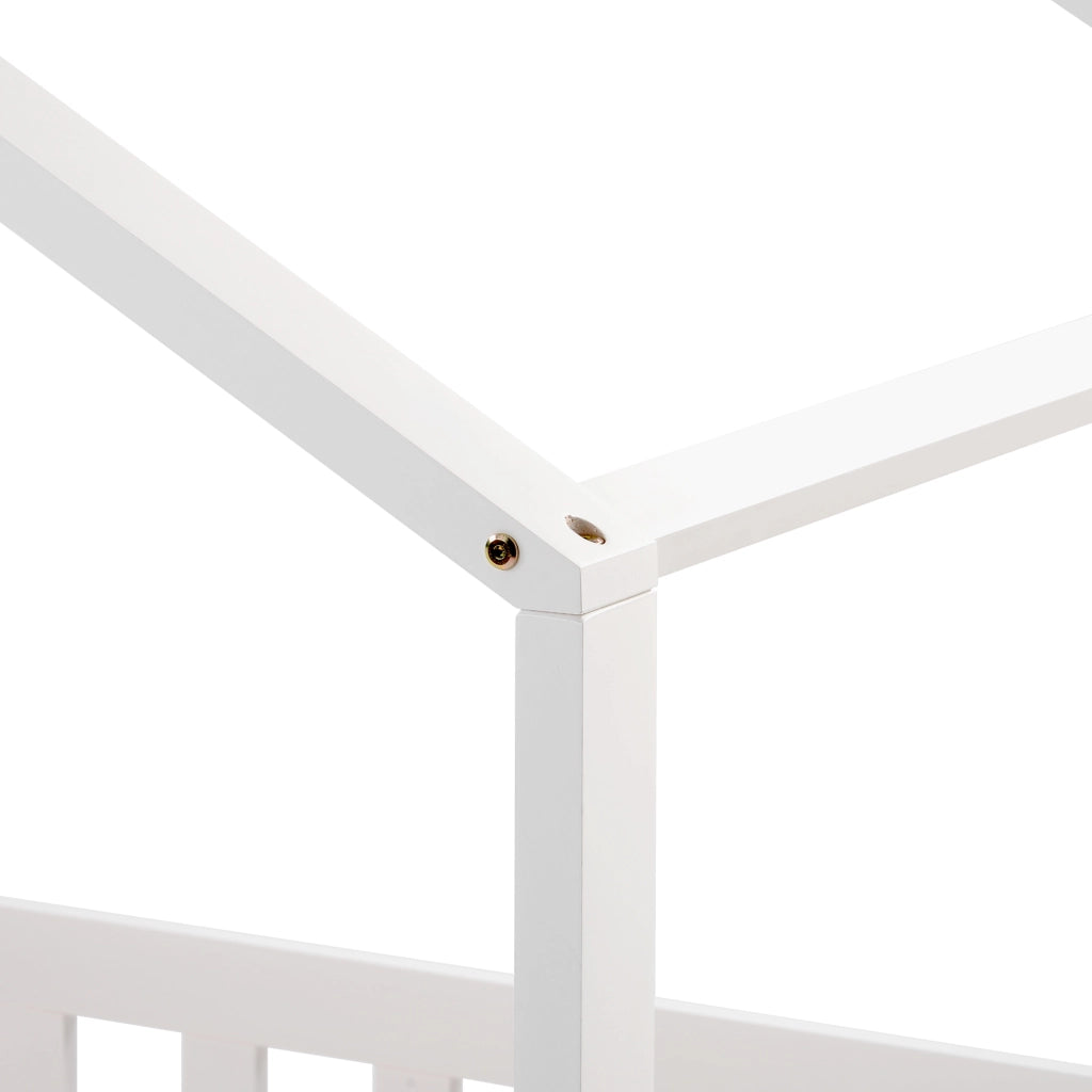 Letto casetta bambino 90×200 cm; con barriera di sicurezza e spazio sotto il letto; senza materasso; in legno massiccio bianco