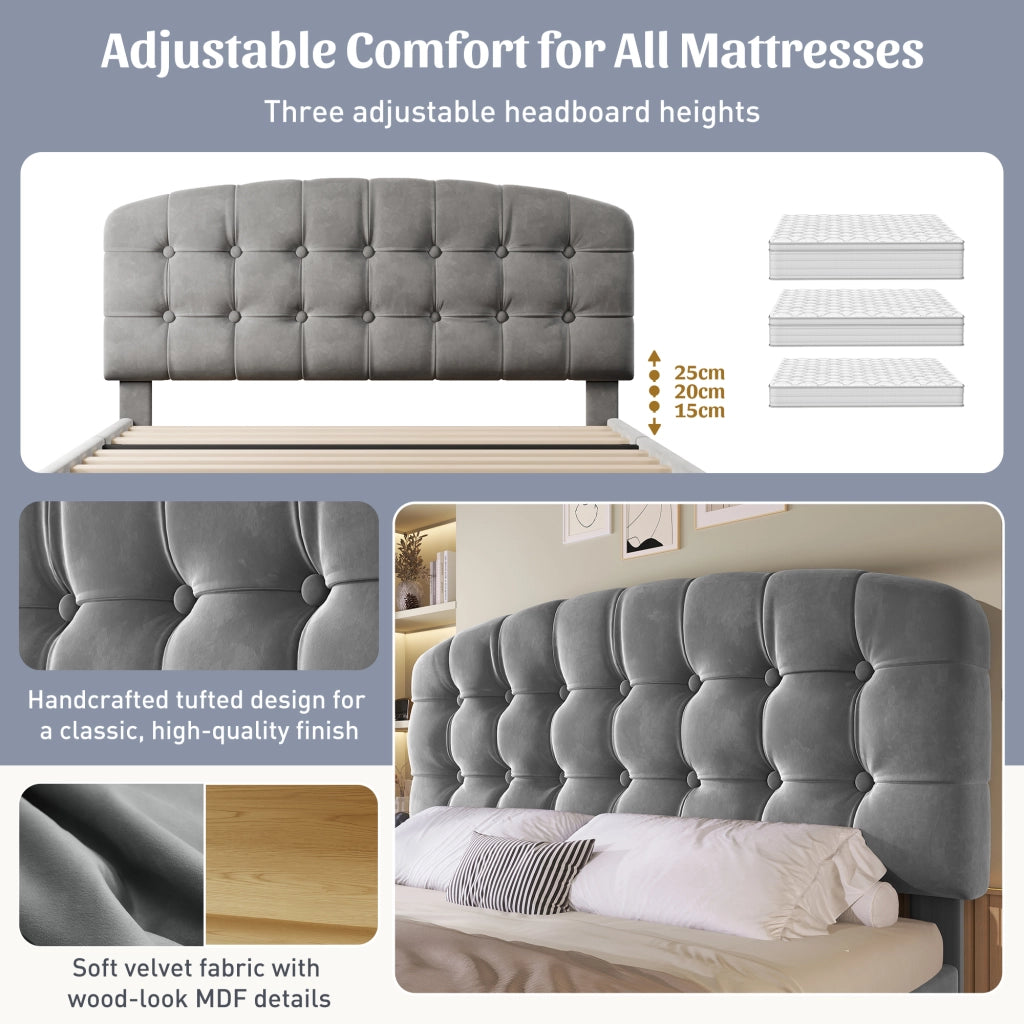 DESMIU Letto imbottito 140 × 190 cm 2 posti con testiera regolabile, vani e cassetti, senza materasso, in velluto grigio