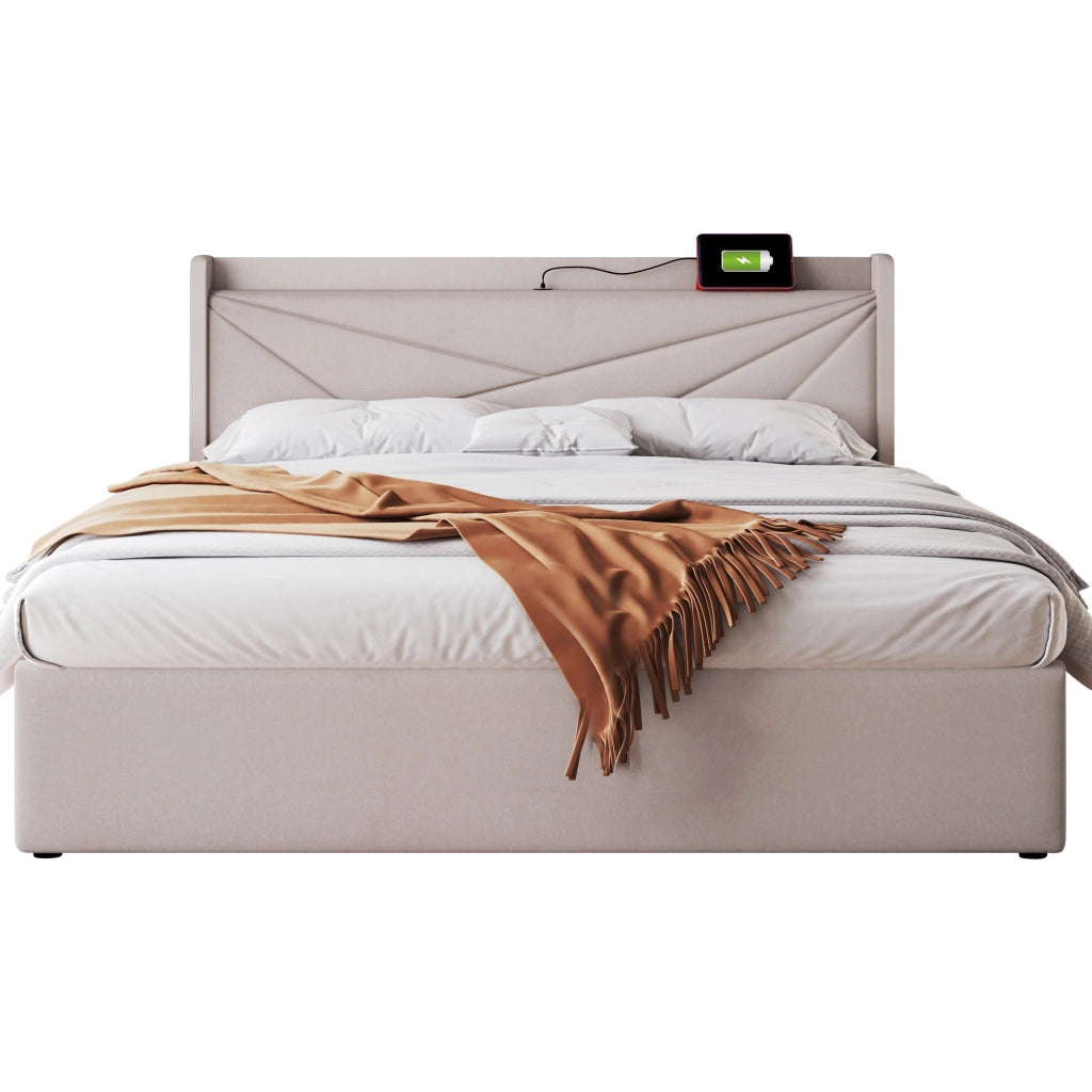 DESMIU Letto Contenitore Letto Matrimoniale con USB, Tipo C e Testiera Geometrica 140 × 200 cm Senza Materasso Beige