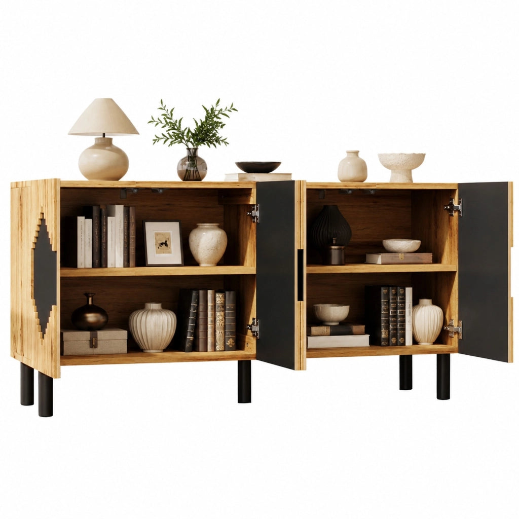 Credenza con 4 vani chiusi e apertura push; per soggiorno o sala da pranzo; naturale e nero; 140 × 40 × 70 cm