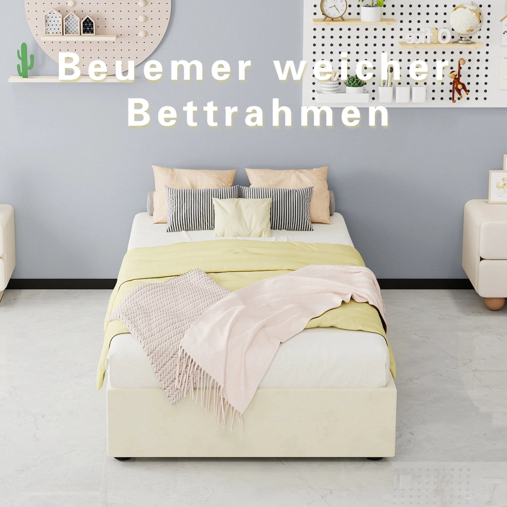 DESMIU Letto bambino 90 × 200 cm 1 posto con contenitore pneumatico e testiera fantasia, senza materasso, in tessuto e metallo beige