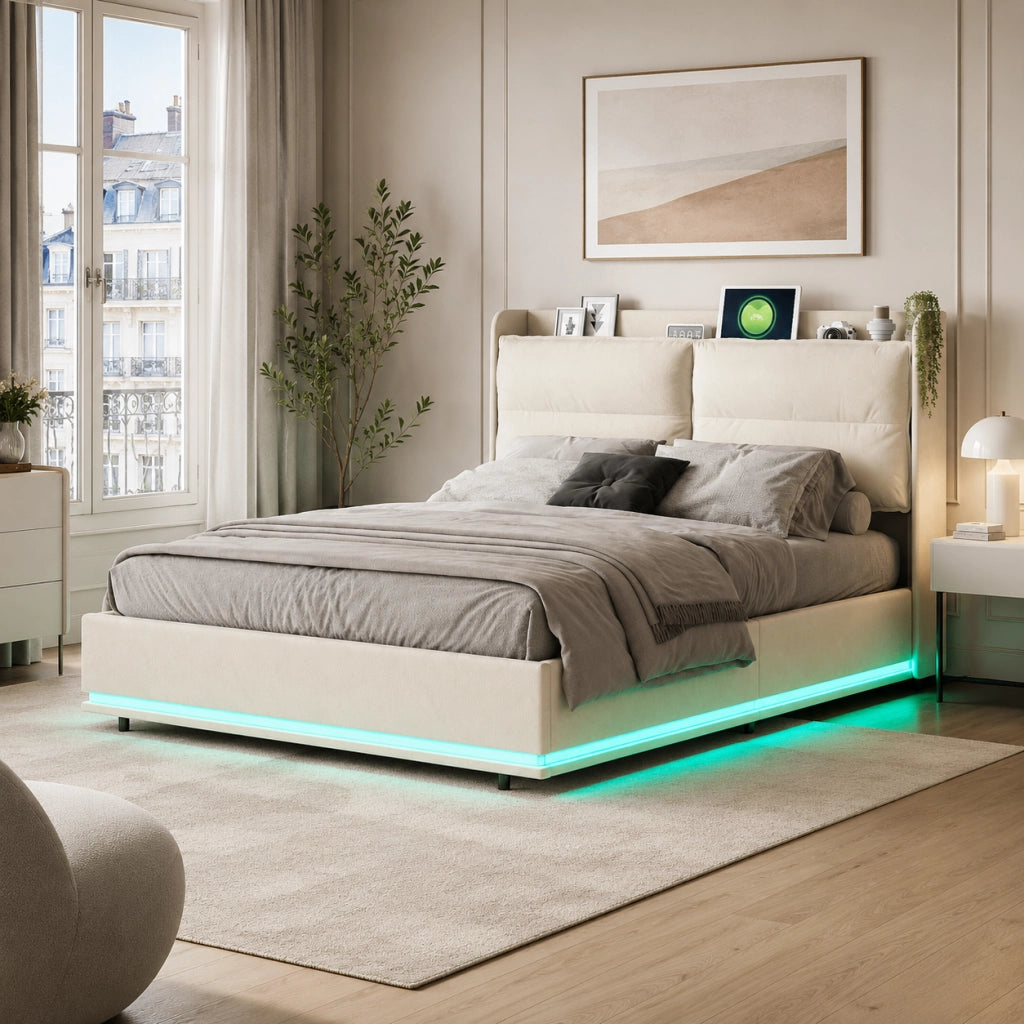 Letto contenitore 140x200 cm velluto beige, testiera imbottita, ricarica wireless, USB‑C e USB, luci RGB‑LED con telecomando, meccanismo idraulico