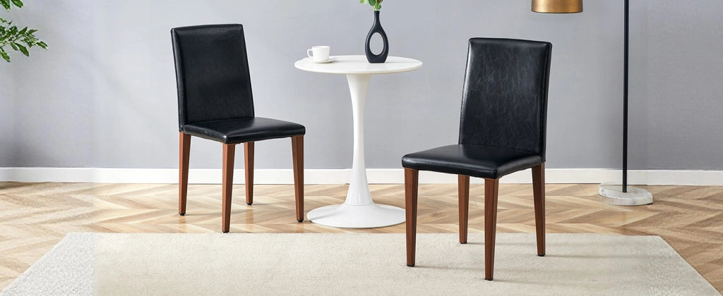 [Set di 2 sedie da pranzo minimaliste] Lusso leggero in stile europeo con finitura noce scuro: pelle PU nera + gambe in metallo effetto noce scuro. Si