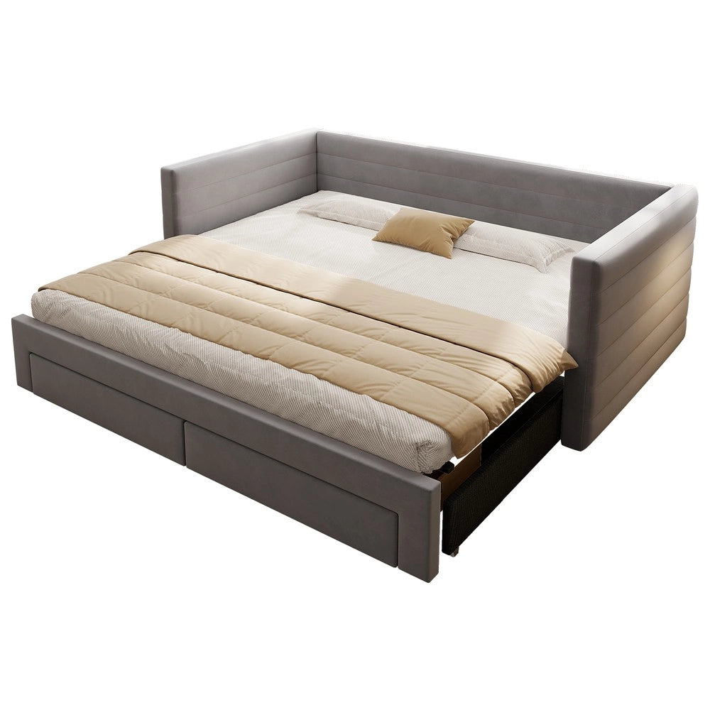 Letto Imbottito Estraibile 3 in 1 con Cassetti e Doghe ¨C MINIMAL ¨C Grigio 90x190 Cotone Lino