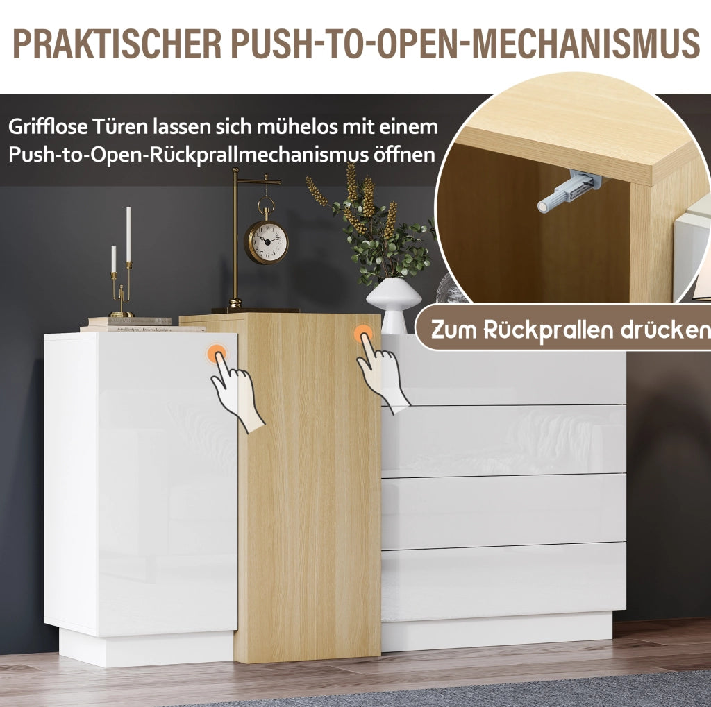 Credenza moderna bianca lucida in MDF 140 x 35 x 76;5 cm con 4 cassetti e 2 ante