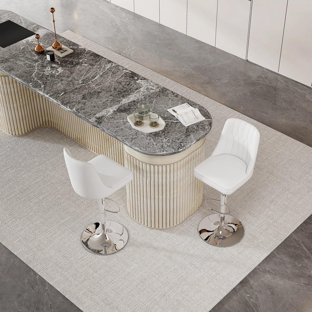 Sgabello da bar regolabile in altezza, set da 2, girevole 360°, in PU bianco e metallo argento, per isola cucina e bancone