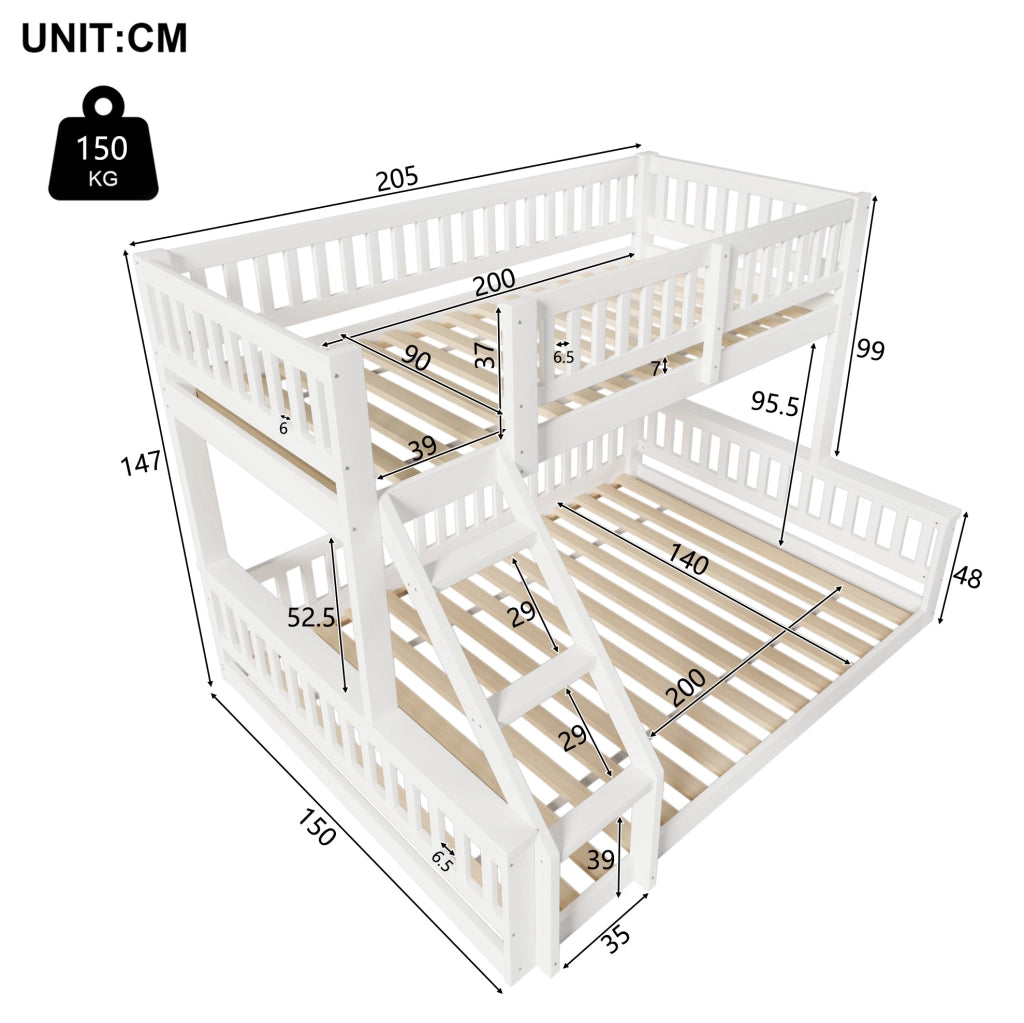 Letto a castello 90x200 cm e 140x200 cm con scala e sponde in legno di pino; MDF e compensato bianco