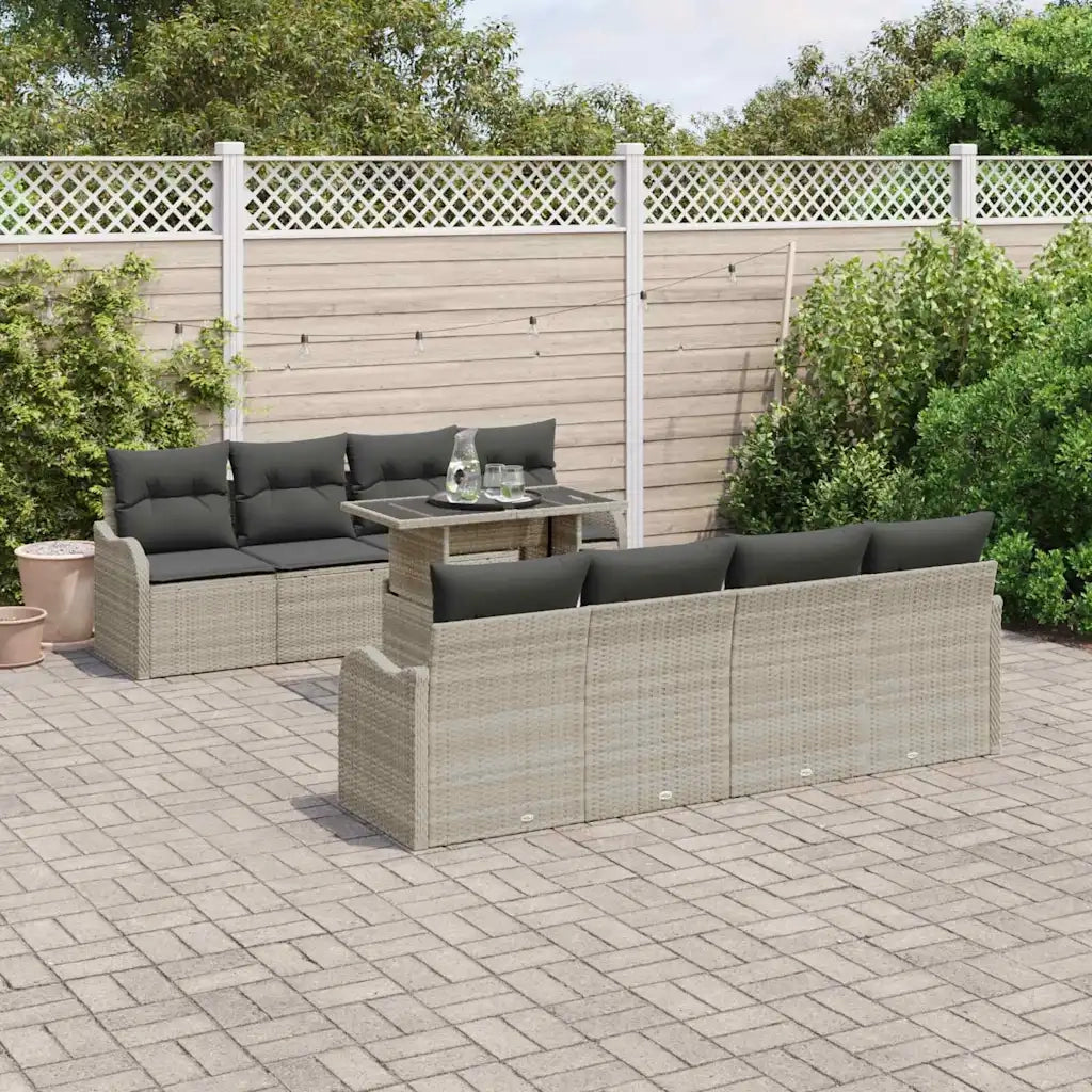 Set Divano da Giardino 9 pcs Grigio chiaro Poly Rattan