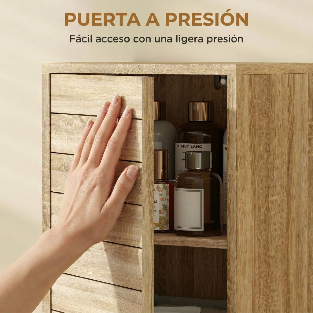 Mobiletto Bagno con 3 Ripiani e Anta a Listelli ¨C Minimal ¨C 34x23x84 cm Legno Naturale
