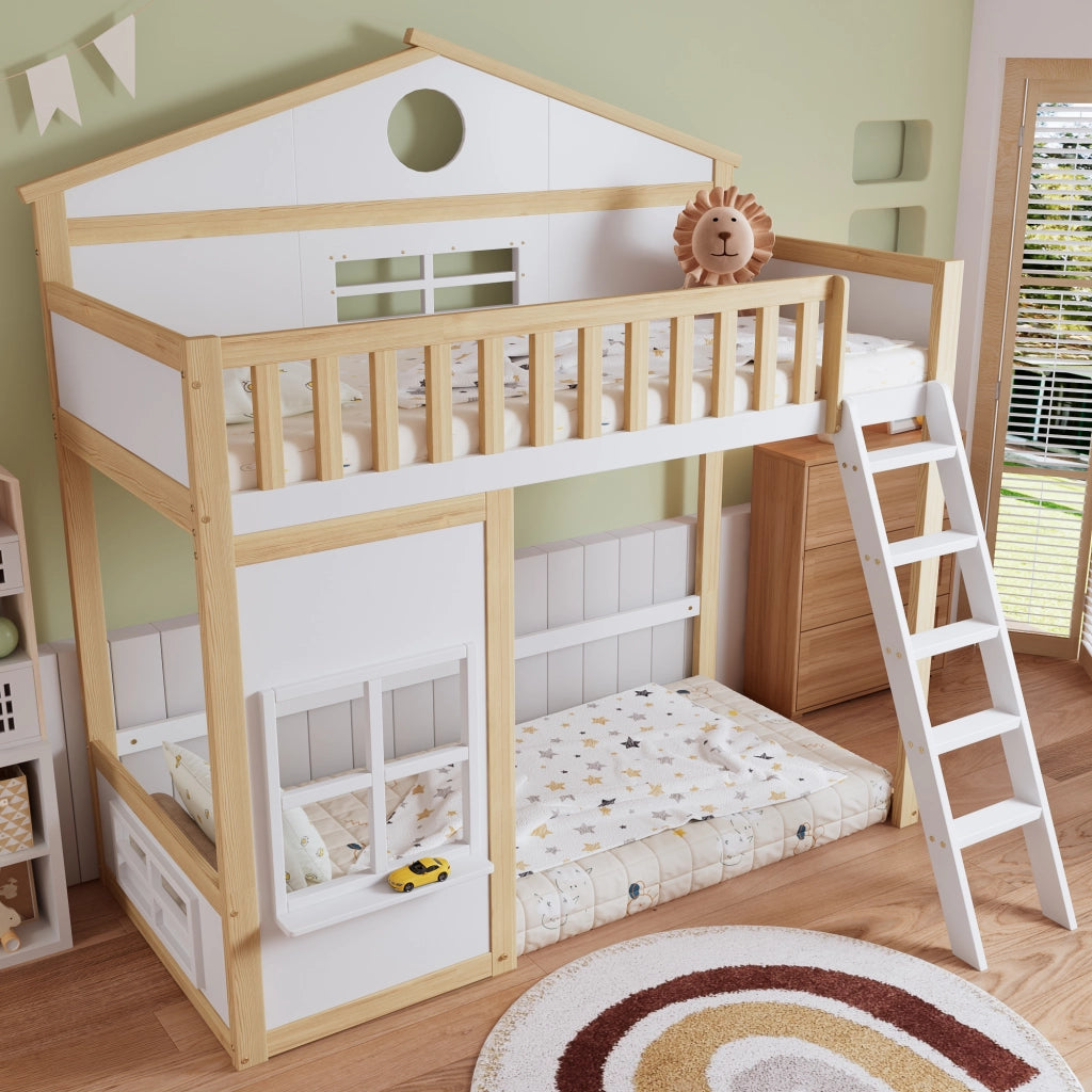 Letto a Castello 90x200 cm - con Scala; Tetto; Finestre e Sponde - Bianco e Naturale