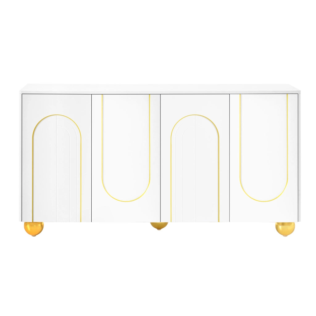 Credenza, mobile contenitore, ante con decorazioni ad arco in filo d’oro, piedini metallici sferici, bianco