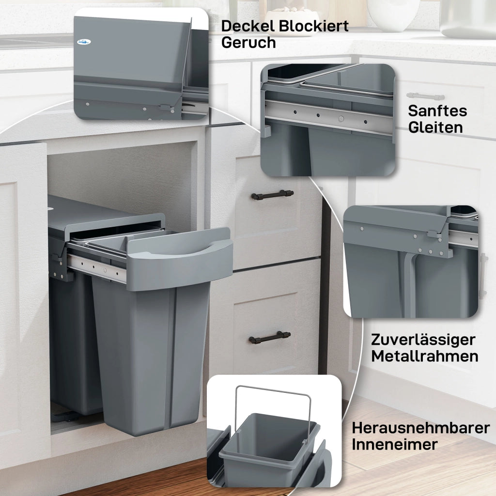 Pattumiera estraibile con 2 contenitori rimovibili ¨C Xylo ¨C 30L (20L+10L) grigio metallo