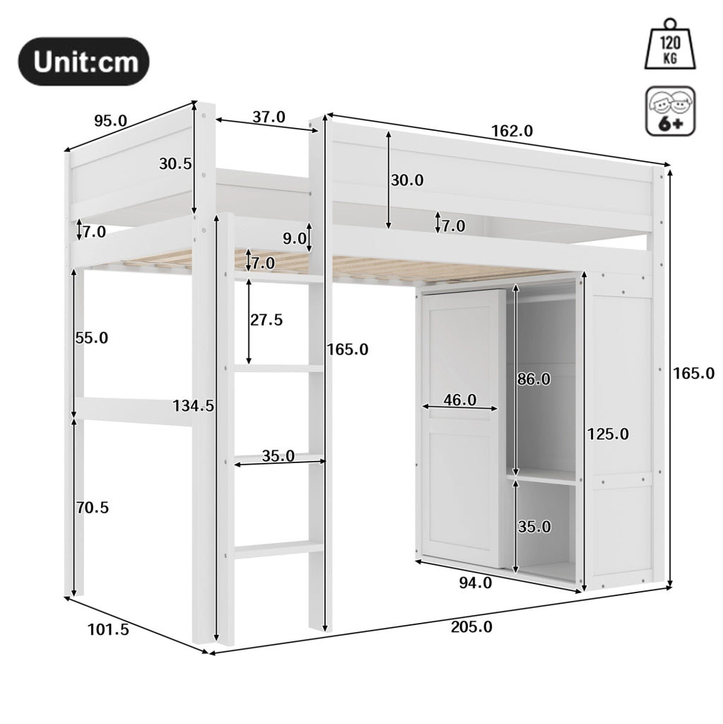 Letto a soppalco 90x200 cm con armadio e vano contenitore in legno e MDF bianco