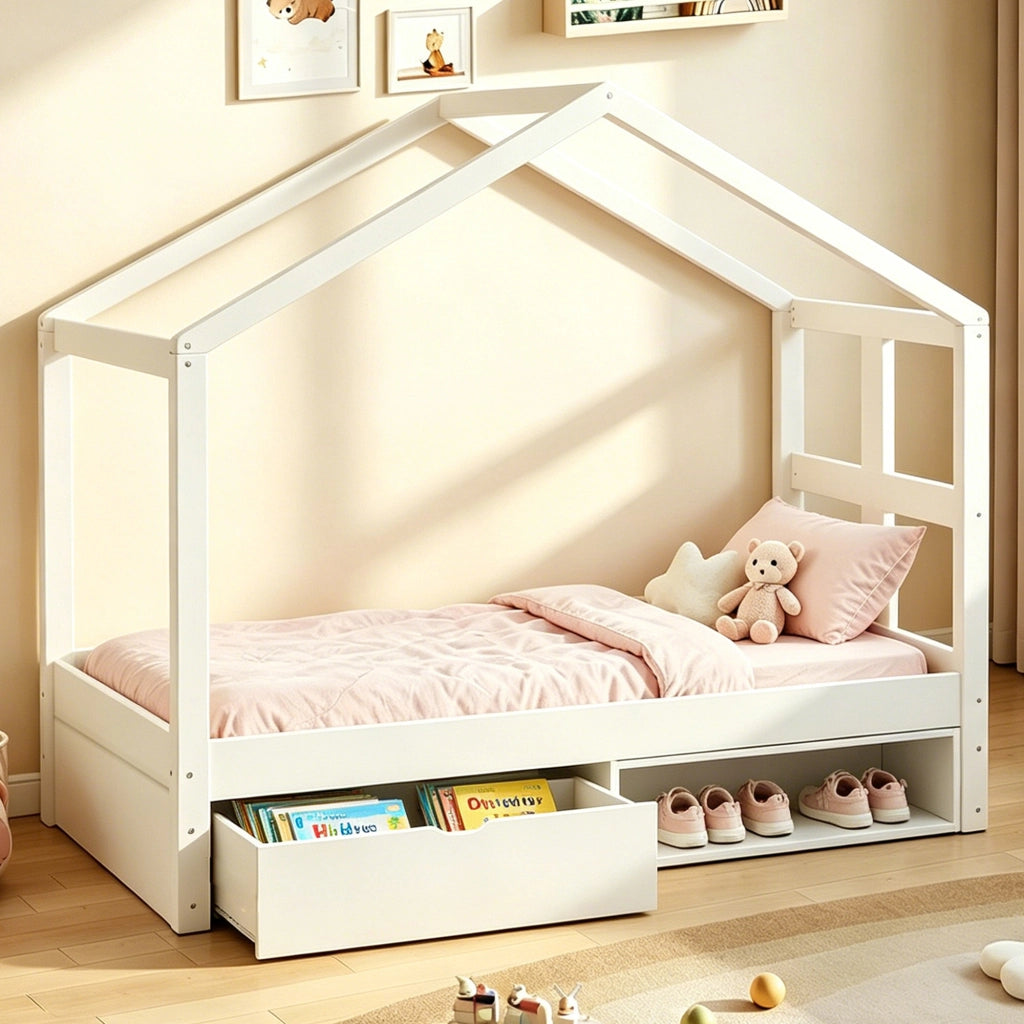 LETTO multifunzione 90x190 cm con cassetto, scarpiera e LED bianco