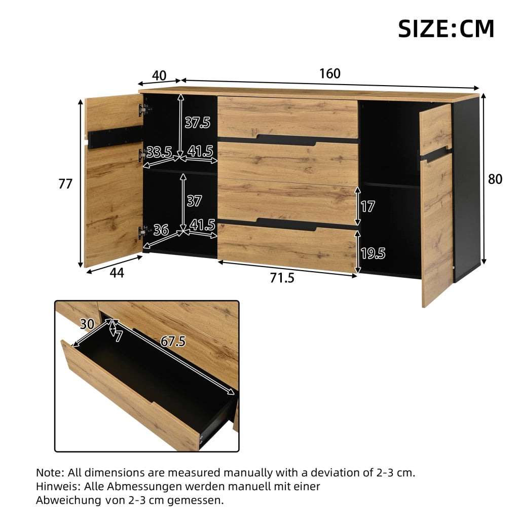 Credenza con 2 ante e 4 cassetti con ripiani e vano contenitore per soggiorno; in truciolare; nero e legno; 160×40×80 cm