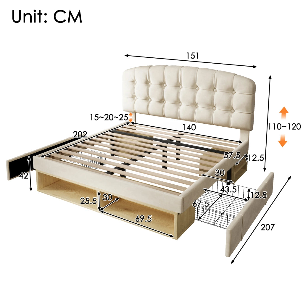 DESMIU Letto matrimoniale 140 × 200 cm 2 posti con testiera regolabile, cassetti e contenitore, senza materasso, beige