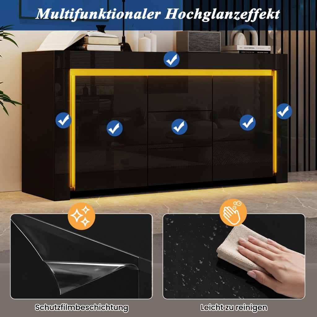 MADIA 140x40x65 cm MDF Nero Lucido con LED 2 Ante e 3 Cassetti