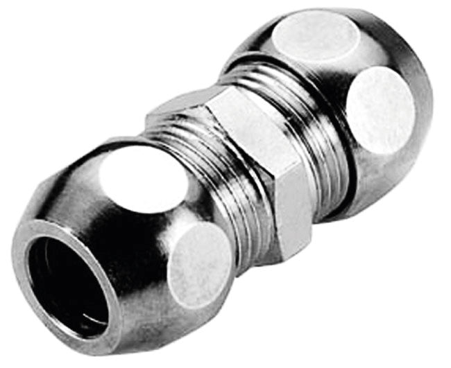 RACCORDO DIRITTO INTERMEDIO A TENUTA PTFE PER TUBO RAME CROMATO SERIE 6900 3/8 ø12   PETTINAROLI