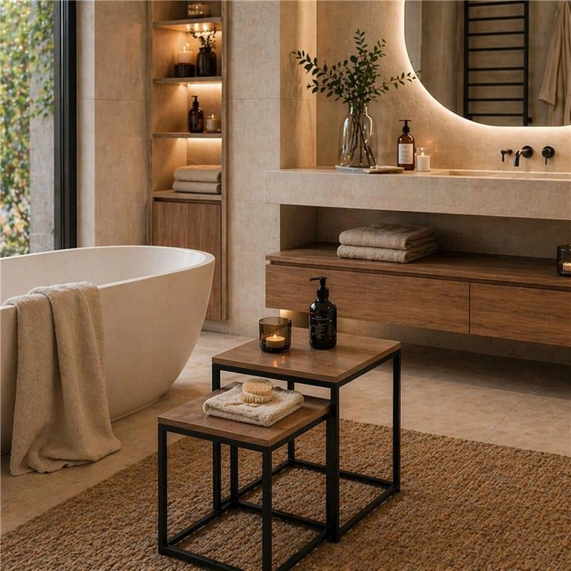 2 TAVOLINI METALLO MELANINA E MDF DIMENSIONI 35X35X45H CM E 40X40X50H CM - COLORE ROVERE