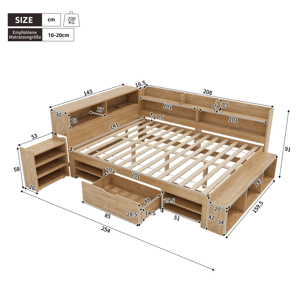 Letto Singolo 140x200 cm con Cassetti; Mensole e Contenitori - in Multistrato - Naturale