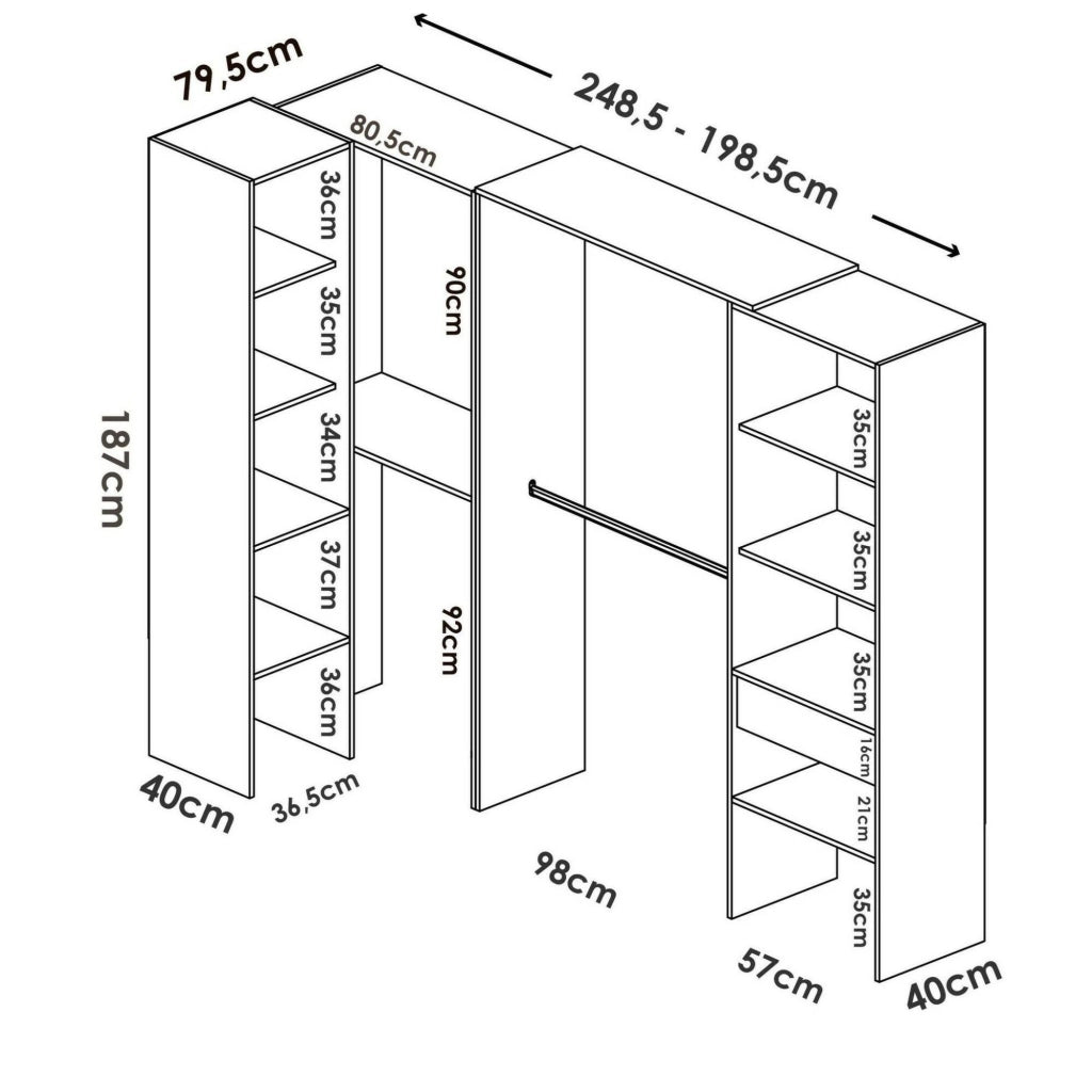 Guardaroba grande Florita, Mobile camera da letto, Cabina armadio portabiti, Armadio appendiabiti, 248x79 h187 cm, Bianco