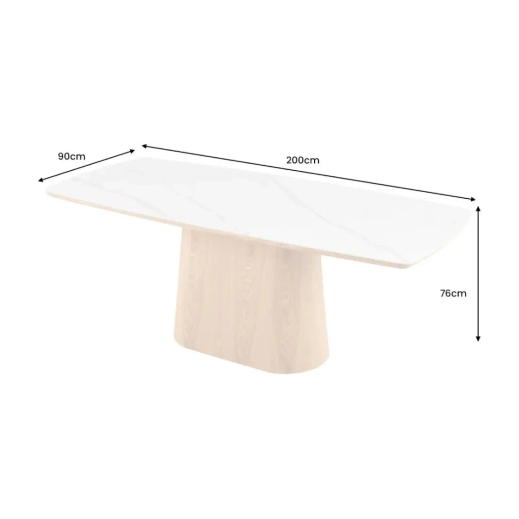 Tavolo da sala da pranzo LUMEA – Rettangolare 200 cm – Piano in ceramica effetto marmo bianco e piede aspetto legno chiaro