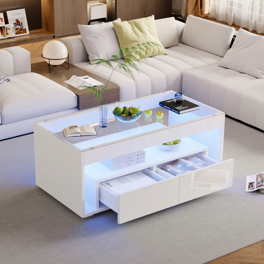 Tavolino da salotto moderno 100x50x40 cm in truciolare bianco con LED e piano in vetro temperato