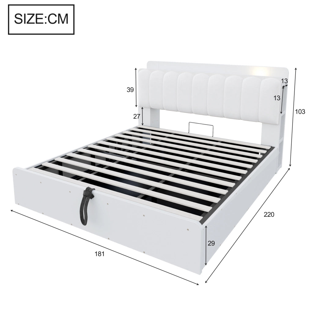 DESMIU Letto contenitore 180 × 200 cm 2 posti con testiera, USB, luce notturna e spazio, senza materasso, bianco