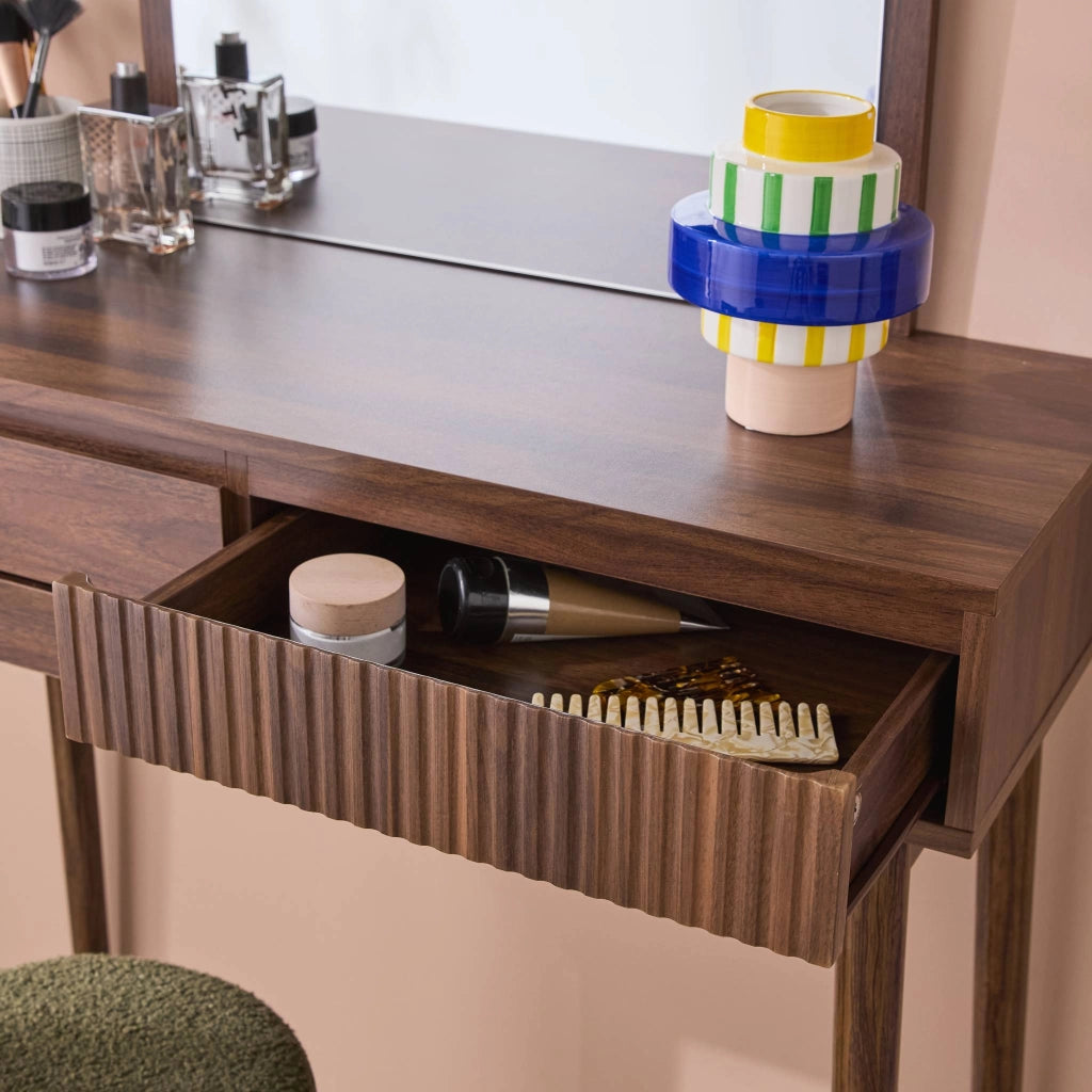 Toeletta trucco decorata in legno con specchio e 2 cassetti, 90cm,