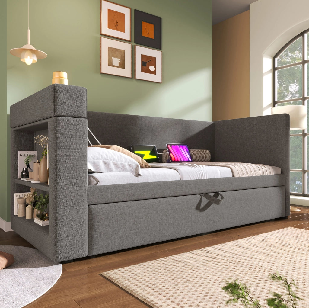 Divano letto con letto estraibile 90x190 cm; 3 USB; Type-C; grigio