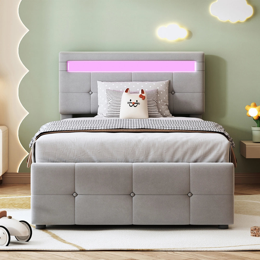 Letto a cassone imbottito per bambini - Xylo - 90x200 cm - Grigio - Illuminazione LED, testiera regolabile