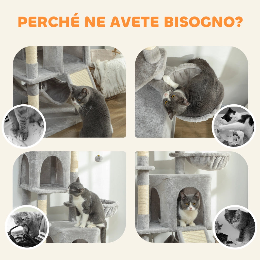 Albero Tiragraffi per Gatti con 2 Casette e Lettini ¨C Minimal ¨C Grigio Chiaro e Beige 48x40x177 cm