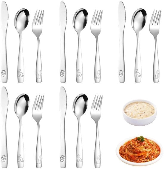 Set di Cucchiaini per Bambini 15 pezzi - Acciaio Inossidabile - Forchetta/Cucchiaio/Cutello - Disegno Animale Inciso - Resistente al Lavastoviglie - Sicuro per i Bambini - Cucchiaini per Bambini da Tavola