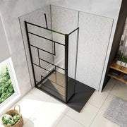Box Doccia Walk in 140x200cm Parete Fissa 100cm + Paretina 40cm Vetro 8 mm Temperato Anticalcare Serigrafato Nero Riquadri Barra Stabilizzatrice 73-120cm