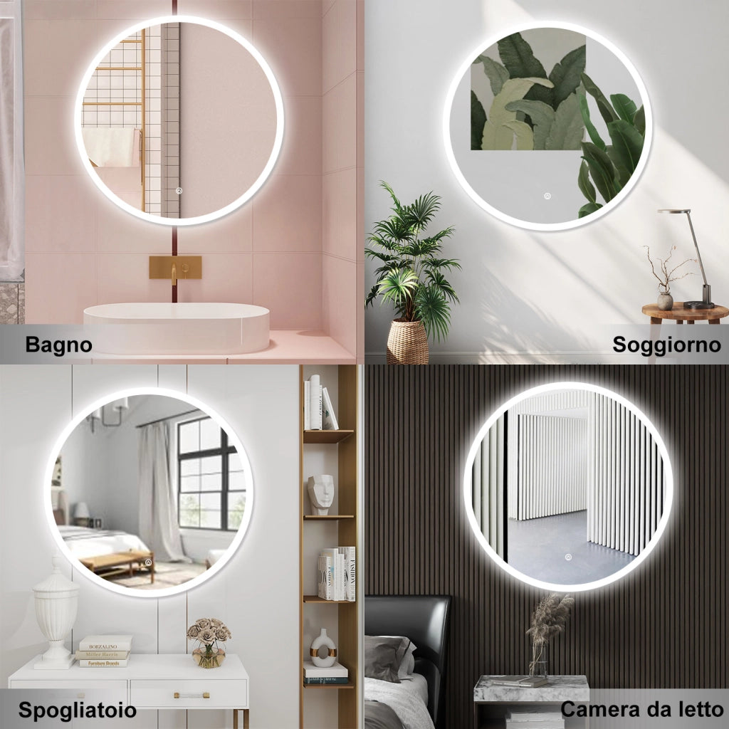 AICA Specchio da bagno 70 x 70 cm, 3 colori, antiappannamento, dimmerabile, interruttore touch, Funzione Memoria