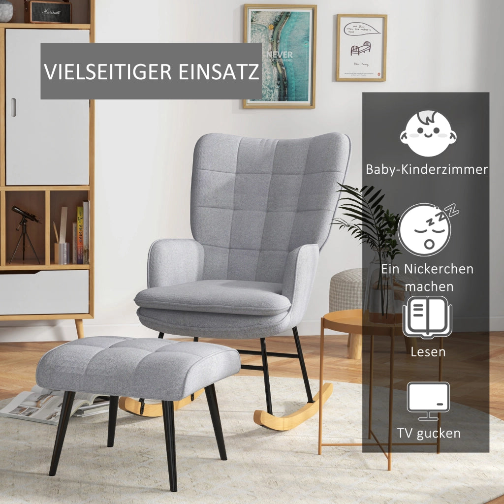 Poltrona Dondolo con Pouf ¨C Minimal ¨C Grigio, Legno, Tessuto, 64x89x90 cm