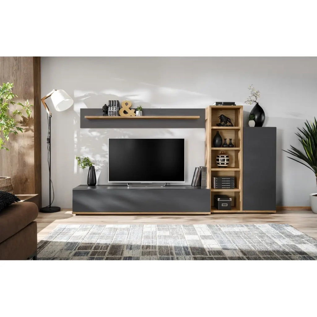Composizione murale RHYS – Mobile TV, colonne e scaffali – Antracite e rovere Wotan